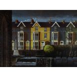 JOHN STAPLEY acrylic - street scene of colourful terraced houses & with churchyard, entitled