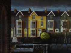 JOHN STAPLEY acrylic - street scene of colourful terraced houses & with churchyard, entitled