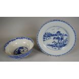 A CHINESE EXPORT BLUE & WHITE LANDSCAPE PLATE together with an Oriental footed bowl