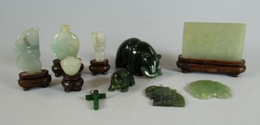 A PARCEL OF VARIOUS SMALL JADE CARVINGS including a miniature screen on stand, scent bottle, animals