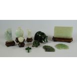 A PARCEL OF VARIOUS SMALL JADE CARVINGS including a miniature screen on stand, scent bottle, animals