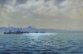 CONTINENTAL SCHOOL / CHETCHEL watercolour -the Bosphorus at night with vessels and city lights,