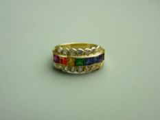 A FINE EIGHTEEN CARAT GOLD RAINBOW GEMSTONE & DIAMOND HALF HOOP DRESS RING having seven mixed square