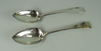 A PAIR OF WILLIAM IV SILVER TABLE SPOONS of plain form with 'BWM' initialled terminals, London 1830,