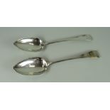 A PAIR OF WILLIAM IV SILVER TABLE SPOONS of plain form with 'BWM' initialled terminals, London 1830,