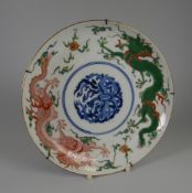 A MEJI PERIOD IMARI DISH decorated with opposing dragons & central cartouche, with six character
