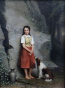 LEENDERT DE KONINGH (Dutch 1810-1887) oil on board - young lady standing beside a fountain as her