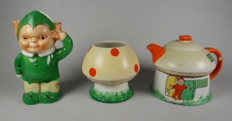 A 1930s SHELLEY MABEL LUCIE ATTWELL NURSERY 'BOO BOO' TEA SET comprising cottage teapot, mushroom