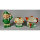 A 1930s SHELLEY MABEL LUCIE ATTWELL NURSERY 'BOO BOO' TEA SET comprising cottage teapot, mushroom