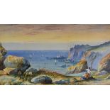 GEORGE JENNINGS watercolour - coastal scene with two figures & lobster pot entitled 'Evening Near