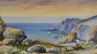 GEORGE JENNINGS watercolour - coastal scene with two figures & lobster pot entitled 'Evening Near