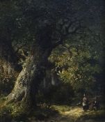 HENDRIK BAREND KOEKOEK (Dutch, 1849 - 1909) oil on panel - two figures on a path in a woodland,