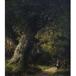 HENDRIK BAREND KOEKOEK (Dutch, 1849 - 1909) oil on panel - two figures on a path in a woodland,