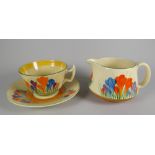 A CLARICE CLIFF 'CROCUS' PATTERN PART-TEA SET for the 'Bizarre' series comprising breakfast cup,