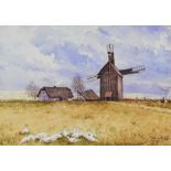 R HANKE watercolour - central European landscape with poultry windmill & campfire burning,