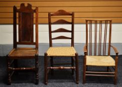 THREE VINTAGE / ANTIQUE CHAIRS including two with rush seats and one in all wood