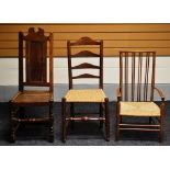 THREE VINTAGE / ANTIQUE CHAIRS including two with rush seats and one in all wood