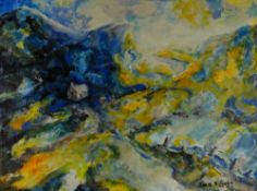 JANE V GAGG acrylic - chapel in a mountainous landscape, signed, 30 x 40cms