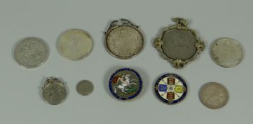 A GROUP OF TEN COINS including enamelled George III, silver Dollar etc