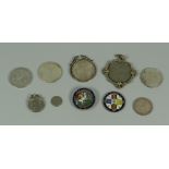 A GROUP OF TEN COINS including enamelled George III, silver Dollar etc