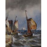 THOMAS BUSH HARDY watercolour - sailing boat in squally sea with figures on a harbour wall with