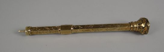 A VICTORIAN BELIEVED GOLD PENCIL & PEN COMBINATION with engraved and chased barrel and having a