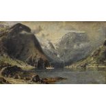 HENRY ENFIELD oil on canvas - Fjord with vessel hut & snow topped mountains in cloud, signed, 34 x