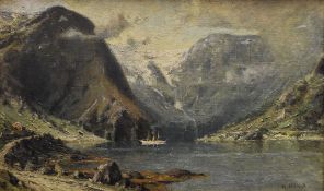 HENRY ENFIELD oil on canvas - Fjord with vessel hut & snow topped mountains in cloud, signed, 34 x