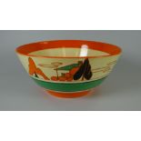 A CLARICE CLIFF FANTASQUE FOOTED BOWL in the pattern 'Orange Trees & House', with green & orange