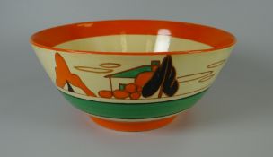 A CLARICE CLIFF FANTASQUE FOOTED BOWL in the pattern 'Orange Trees & House', with green & orange