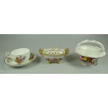 THREE ITEMS OF ENGLISH ANTIQUE PORCELAIN comprising a twin-handled gondula shaped footed sucrier &