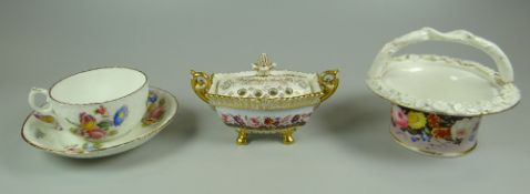 THREE ITEMS OF ENGLISH ANTIQUE PORCELAIN comprising a twin-handled gondula shaped footed sucrier &