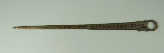 A GEORGE III IRISH SILVER MEAT SKEWER having a ring handle and repeat patterned engraving with