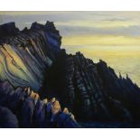GOMER LEWIS acrylic on canvas, dark semi-abstract of cliffs overlooking the ocean, unframed,