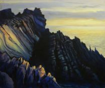 GOMER LEWIS acrylic on canvas, dark semi-abstract of cliffs overlooking the ocean, unframed,