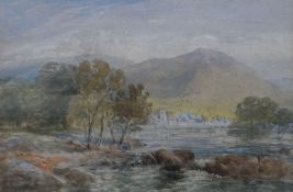 DAVID COX JNR watercolour, Snowdonia landscape with distant village by a river, label verso reads '