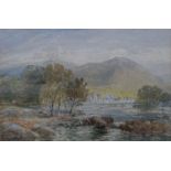 DAVID COX JNR watercolour, Snowdonia landscape with distant village by a river, label verso reads '