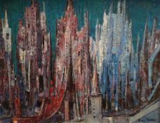 CARL THORP (American, 1912-1989) oil on board - night time city scene entitled verso 'Stone City',