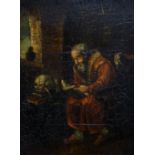 NAIVE SCHOOL oil on board - seated bearded man in gown with book & human skull, 27 x 19.5cms