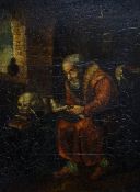 NAIVE SCHOOL oil on board - seated bearded man in gown with book & human skull, 27 x 19.5cms