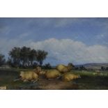 E MONDY oil on canvas - flock of grazing sheep in a landscape, signed & dated 1866, 23 x 33cms