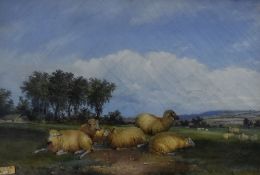 E MONDY oil on canvas - flock of grazing sheep in a landscape, signed & dated 1866, 23 x 33cms