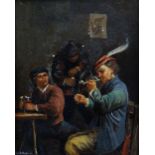 NINETEENTH CENTURY FLEMISH SCHOOL oil on panel - three figures smoking & drinking, 20 x 16cms