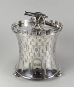 AN EPNS NOVELTY 'CASTLE & TURRET' BISCUIT BARREL in the form of a a waisted castle turret with