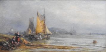 JOHN REES oil on canvas - fishing boats, figures & larger sailing ship on an estuary, entitled verso