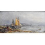 JOHN REES oil on canvas - fishing boats, figures & larger sailing ship on an estuary, entitled verso