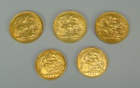 THREE GOLD FULL-SOVEREIGNS & TWO HALF SOVEREIGNS 1907, 1912, 1912 (full), 1906, 1907 (half)