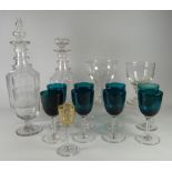 A PARCEL OF MIXED ANTIQUE GLASSWARE comprising two circular based decanters, eight green wine
