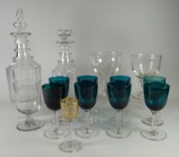 A PARCEL OF MIXED ANTIQUE GLASSWARE comprising two circular based decanters, eight green wine