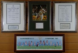 A PARCEL OF SIGNED FRAMED CRICKET ITEMS included are a signed photograph of Ian Botham, a fully